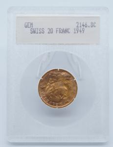 1949 B Swiss Gold 20 Franc Gem Coin