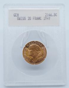 1949 B Swiss Gold 20 Franc Gem Coin