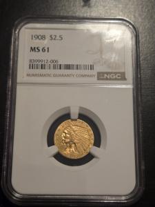 1908 Indian Head Quarter Eagle Gold Coin MS61