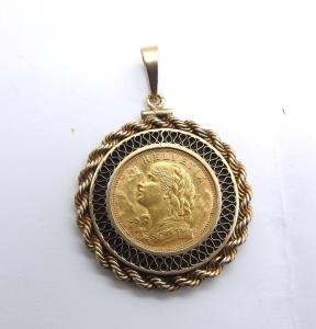 1935 Swiss Gold 20 Francs Helvetia Pendant