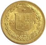 1883 Swiss 20 Franc Helvetia Gold Coin