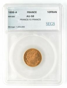 1899 France 10 Franc Gold Coin Late Head Ceres