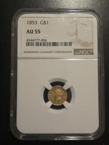 1853 Liberty Head $1 Gold Coin AU55 Certified