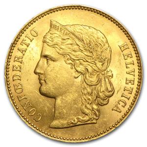 Switzerland 20 Franc Gold Coin Helvetica 1883-1896