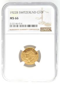 1922 Swiss 10 Franc Gold Coin NGC 66