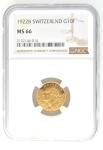 1922 Swiss 10 Franc Gold Coin NGC 66