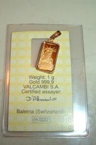 24K Gold Credit Suisse 1g Ingot Bar with Pendant