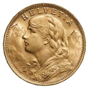 Swiss Gold 20 Franc Helvetia Coin - Random Year