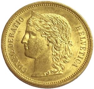 1883 Swiss 20 Franc Helvetia Gold Coin