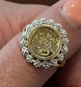 Chinese Panda Coin Ring with Lab-Created Diamonds