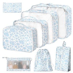 8-Piece Packing Cubes Set for Travel - Blue Flowers
