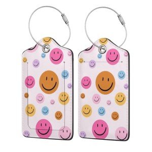 Pink Smiley Luggage Tags with Stainless Steel Loop