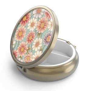 Retro Floral Pill Box Organizer with Mirror