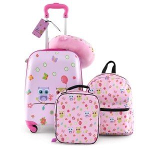 Kids Luggage Set: 5-Piece Pink Owl Spinner