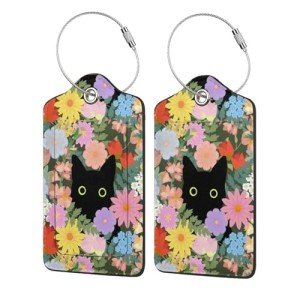 Cute Black Cat Floral Luggage Tags Set of 2