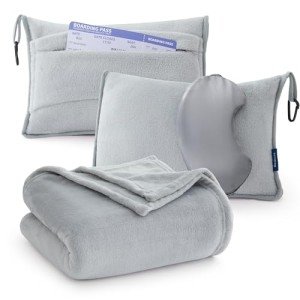Bedsure Compact Travel Blanket with Eye Mask - Grey