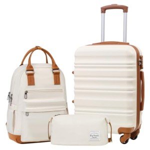 3-Piece White-Brown ABS Luggage Set with Wheels