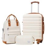 3-Piece White-Brown ABS Luggage Set with Wheels