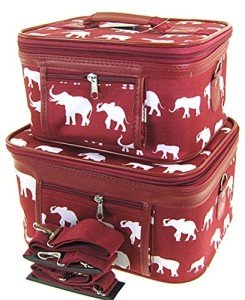 Elephant Print Burgundy Red Cosmetic Travel Case Set