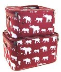 Elephant Print Burgundy Red Cosmetic Travel Case Set
