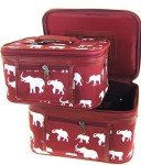 Elephant Print Burgundy Red Cosmetic Travel Case Set