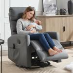 PELUMY 360° Swivel Rocker Recliner with Heat & Vibration Massage, Glider Rocking Chair for Adults, Compact Recliner for Living Room, Small Spaces, Nursery, Bedroom (Breathable Leather, Grey)