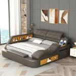 AF ARTISAN FURNITURE Queen Size Smart Multifuncional Bed Frame - Upholstered Leather Platform with Massage Recliner, Bluetooth Speaker, USB Charging, Storage Drawers, Strong Wooden Slats, Grey