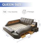 AF ARTISAN FURNITURE Queen Size Smart Multifuncional Bed Frame - Upholstered Leather Platform with Massage Recliner, Bluetooth Speaker, USB Charging, Storage Drawers, Strong Wooden Slats, Grey
