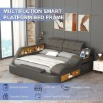AF ARTISAN FURNITURE Queen Size Smart Multifuncional Bed Frame - Upholstered Leather Platform with Massage Recliner, Bluetooth Speaker, USB Charging, Storage Drawers, Strong Wooden Slats, Grey