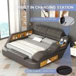 AF ARTISAN FURNITURE Queen Size Smart Multifuncional Bed Frame - Upholstered Leather Platform with Massage Recliner, Bluetooth Speaker, USB Charging, Storage Drawers, Strong Wooden Slats, Grey