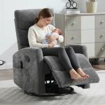 PELUMY Manual Recliner Chair with Heat & Vibration Massage, 360° Swivel Rocker Recliner with 155° Recline and Lumbar Heat, Compact Recliner for Living Room & Small Spaces (Chenille, Grey)