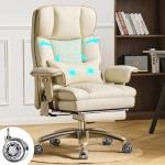 Leather Office Chair with Footrest, High-Back Executive Desk Chair with Adjustable Air Lumbar Support, Massage Luxury Chair, Rocking Recliner, 360° Swivel, Silent Wheels, Height Adjustment,Beige