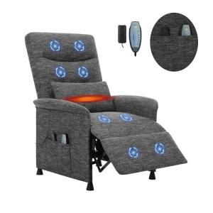 Heated & Vibration Massage Recliner Chair for Adults – Fabric Electric Recliner with Adjustable Back & Footrest, Side Pocket Storage, Compact Living Room & Home Theater Seating (Dark Gray)