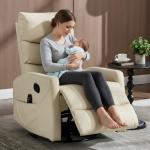 PELUMY Manual Recliner Chair with Heat & Vibration Massage, 360° Swivel Rocker Recliner with 155° Recline and Lumbar Heat, Compact Recliner for Living Room & Small Spaces (Breathable Leather, Beige)