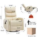 PELUMY Manual Recliner Chair with Heat & Vibration Massage, 360° Swivel Rocker Recliner with 155° Recline and Lumbar Heat, Compact Recliner for Living Room & Small Spaces (Breathable Leather, Beige)