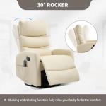PELUMY Manual Recliner Chair with Heat & Vibration Massage, 360° Swivel Rocker Recliner with 155° Recline and Lumbar Heat, Compact Recliner for Living Room & Small Spaces (Breathable Leather, Beige)