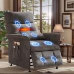 Heated & Vibration Massage Recliner Chair for Adults – Fabric Electric Recliner with Adjustable Back & Footrest, Side Pocket Storage, Compact Living Room & Home Theater Seating (Gray)