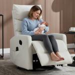 PELUMY Manual Recliner Chair with Heat & Vibration Massage, 360° Swivel Rocker Recliner with 155° Recline and Lumbar Heat, Compact Recliner for Living Room & Small Spaces (Breathable Leather, White)