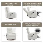 PELUMY Manual Recliner Chair with Heat & Vibration Massage, 360° Swivel Rocker Recliner with 155° Recline and Lumbar Heat, Compact Recliner for Living Room & Small Spaces (Breathable Leather, White)