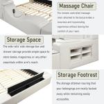 Multifunction Smart Bed - Luxury Bed Frame with Lights and Massage Chair, Upholstered Bed Frame with USB Port & Speakers, Lift End Table and 6 Storage Space, No Box Spring Needed (Beige, Queen)