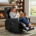 PELUMY Manual Recliner Chair with Heat & Vibration Massage, 360° Swivel Rocker Recliner with 155° Recline and Lumbar Heat, Compact Recliner for Living Room & Small Spaces (Breathable Leather, Black)