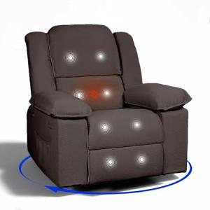 Softa 360° Swivel Rocker Recliner for Adults, Glider Rocking Chair w/Massage & Heat, Manual Reclining Chair with USB Port & Side Pocket, Compact Rocker Recliner for Living Room Apartment (Brown)