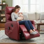PELUMY Manual Recliner Chair with Heat & Vibration Massage, 360° Swivel Rocker Recliner with 155° Recline and Lumbar Heat, Compact Recliner for Living Room & Small Spaces (Breathable Leather, Red)