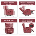PELUMY Manual Recliner Chair with Heat & Vibration Massage, 360° Swivel Rocker Recliner with 155° Recline and Lumbar Heat, Compact Recliner for Living Room & Small Spaces (Breathable Leather, Red)