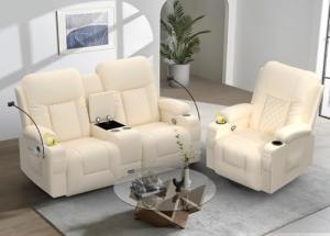 YONISEE Living Room Furniture Set, Loveseat Recliner 2 Seater and 360° Swivel Recliner Chair with Massage, Luxury Reclining Sofa 2PC Set for Living Room (2+1, Beige)