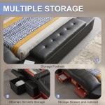 Multifunction Smart King Bed Frame, Luxury Upholstered Platform with Massage Recliner/Bluetooth Speaker/USB Charging Station/Storage Drawers, Leather Headboard/ Strong Wooden Slats, Black