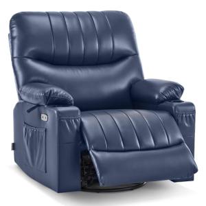 MCombo Oversized Swivel Glider Rocker Power Recliner Chair for Living Room with Heat and Vibration Massage, USB Ports, Cup Holders and Pockets, Faux Leather 7785 (Navy Blue)