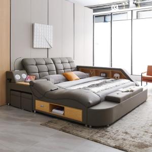 WAQINBR Multifunctional Queen Size Bed Frame, Modern Luxury Smart Bed with Massage Recliner/Music Speaker/USB Port/Storage Drawers, Adjustable Leather Upholstered Headboard, Grey