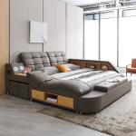 WAQINBR Multifunctional Queen Size Bed Frame, Modern Luxury Smart Bed with Massage Recliner/Music Speaker/USB Port/Storage Drawers, Adjustable Leather Upholstered Headboard, Grey