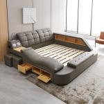 WAQINBR Multifunctional Queen Size Bed Frame, Modern Luxury Smart Bed with Massage Recliner/Music Speaker/USB Port/Storage Drawers, Adjustable Leather Upholstered Headboard, Grey